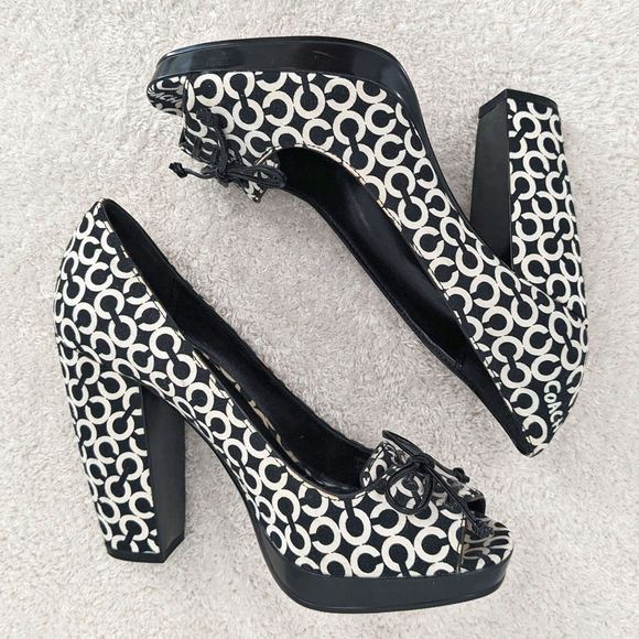 Coach Shoes - Coach Corey Monogram Signature High Heels Open Toe Chunky Platform Size 5.5